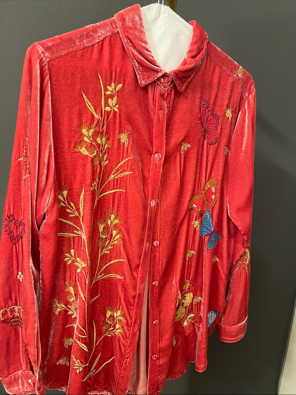 Johnny Was Red Velvet Embroidered Floral & Butterfly Shirt